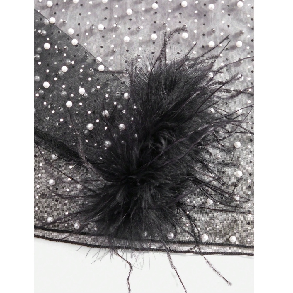 Black Sheer Mesh Long Sleeve Feather Shirt with Faux Pearls Sparkles Beaded - Picture 11 of 14